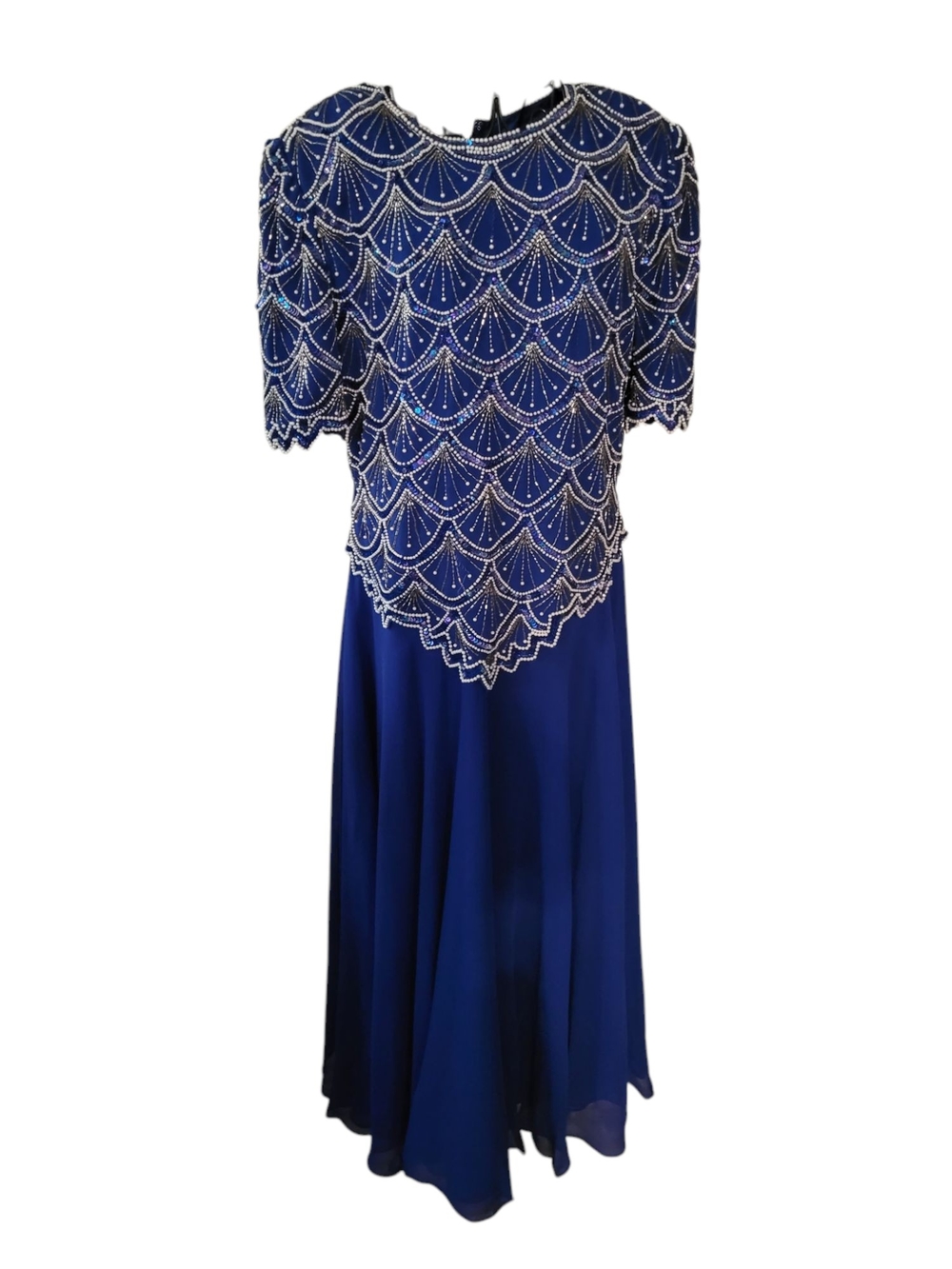 Laurence Kazar Royal Blue Beaded Scallop Overlay Midi Dress
